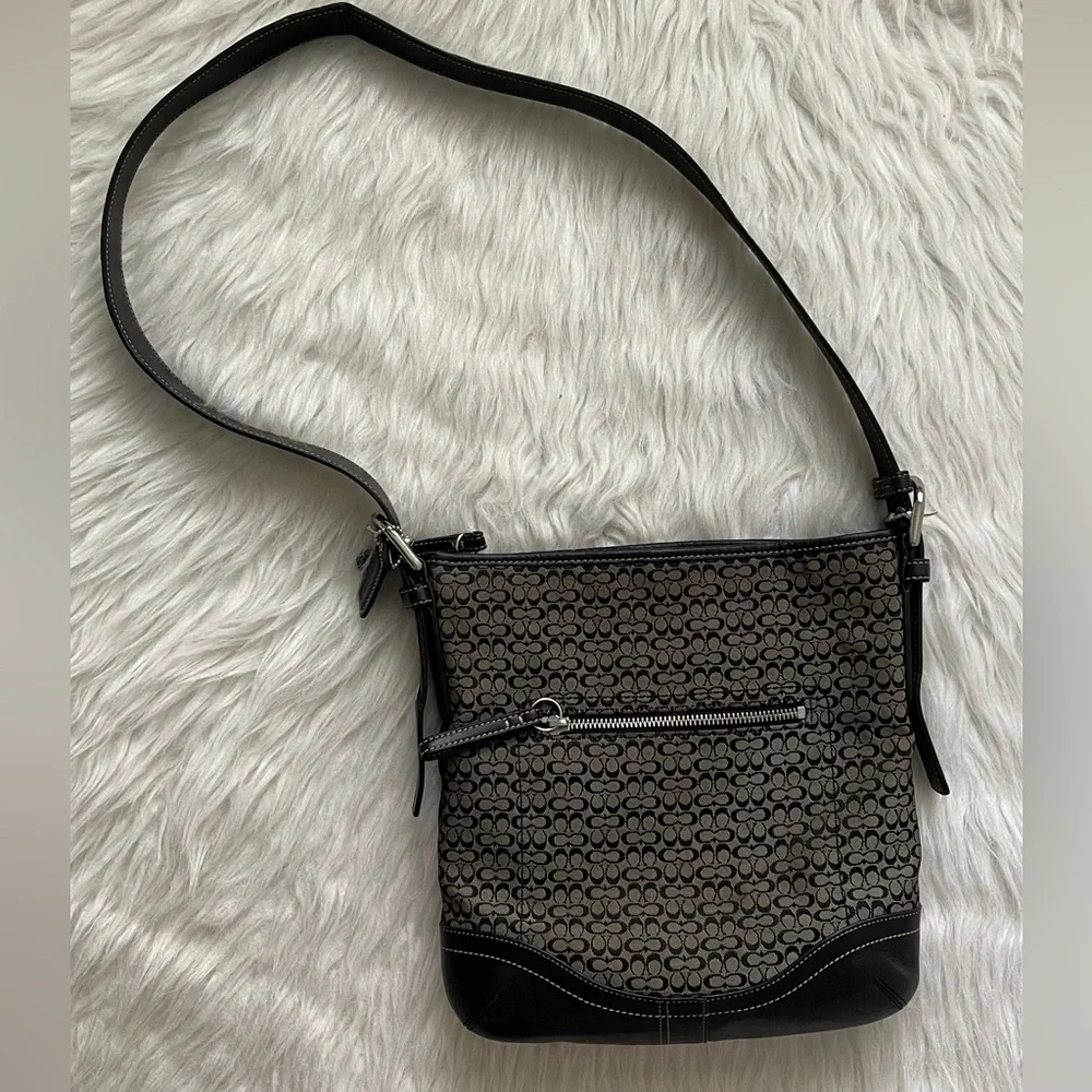 Coach Jacquard Logo Black Leather & Fabric Crossbody Bag